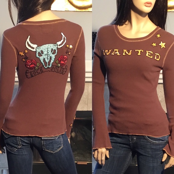 Rock Solid Tops - Rock Solid " Wanted" Brown Beaded Thermal Shirt L